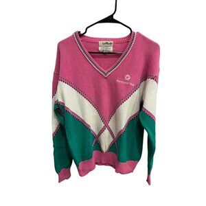 Vintage Lady LaMode Active Sportswear Pink Green White V Neck Sweater SZ Large